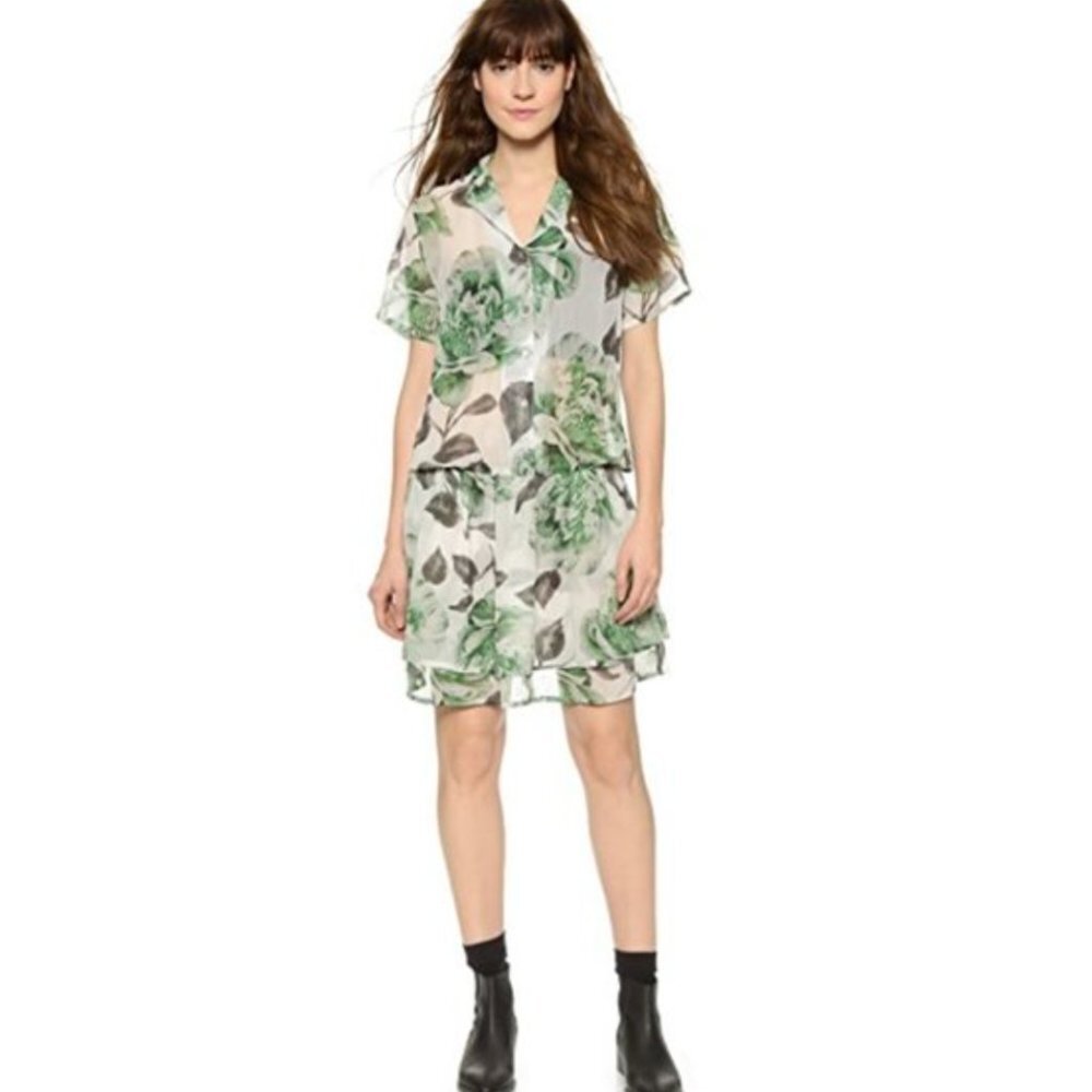 Ganni Gardenia Georgette Shirt Dress Womens Size XS Green Floral Short Sleeve